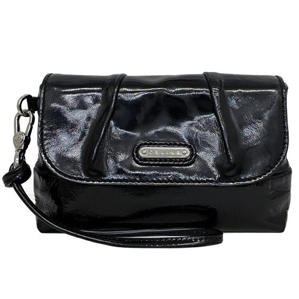 Celine Clutch Black Silver Enamel Patent Vernis Clutch Bag Strap Case Flap
